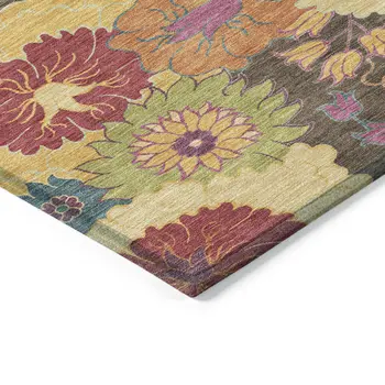 5' X 8' Chocolate Gold And Pink Floral Washable Indoor Outdoor Area Rug