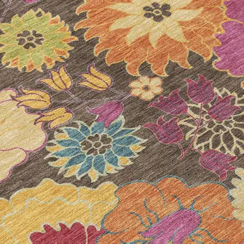 5' X 8' Chocolate Gold And Pink Floral Washable Indoor Outdoor Area Rug