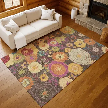 5' X 8' Chocolate Gold And Pink Floral Washable Indoor Outdoor Area Rug