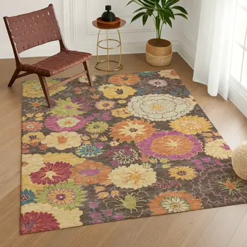 5' X 8' Chocolate Gold And Pink Floral Washable Indoor Outdoor Area Rug