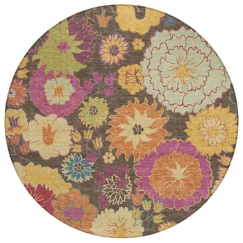 8' Chocolate Gold And Pink Round Floral Washable Indoor Outdoor Area Rug