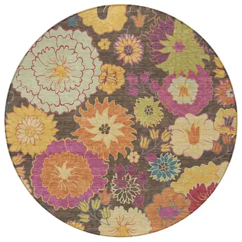 8' Chocolate Gold And Pink Round Floral Washable Indoor Outdoor Area Rug