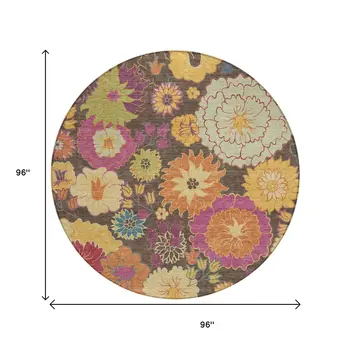 8' Chocolate Gold And Pink Round Floral Washable Indoor Outdoor Area Rug