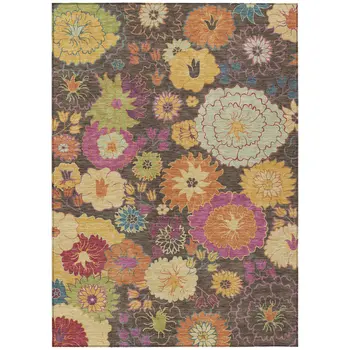8' X 10' Chocolate Gold And Pink Floral Washable Indoor Outdoor Area Rug