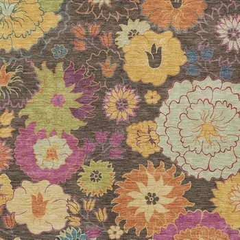 9' X 12' Chocolate Gold And Pink Floral Washable Indoor Outdoor Area Rug