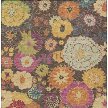 10' X 14' Chocolate Gold And Pink Floral Washable Indoor Outdoor Area Rug