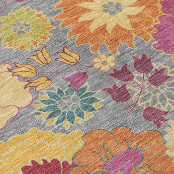 5' X 8' Gray Gold And Pink Floral Washable Indoor Outdoor Area Rug