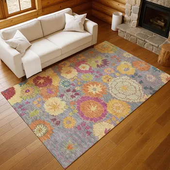 5' X 8' Gray Gold And Pink Floral Washable Indoor Outdoor Area Rug
