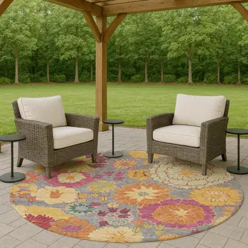 8' Gray Gold And Pink Round Floral Washable Indoor Outdoor Area Rug
