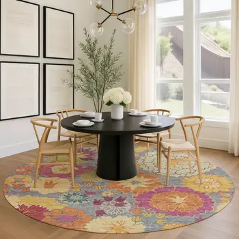 8' Gray Gold And Pink Round Floral Washable Indoor Outdoor Area Rug