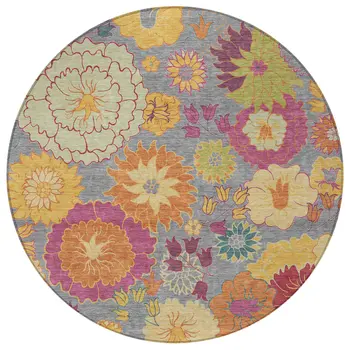 8' Gray Gold And Pink Round Floral Washable Indoor Outdoor Area Rug