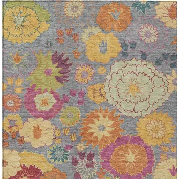 8' X 10' Gray Gold And Pink Floral Washable Indoor Outdoor Area Rug
