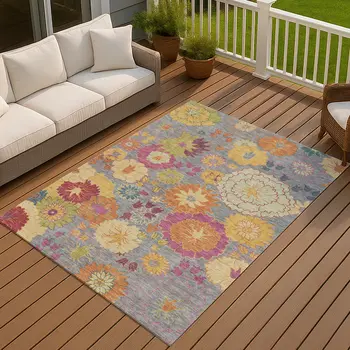 8' X 10' Gray Gold And Pink Floral Washable Indoor Outdoor Area Rug