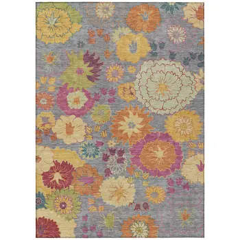 8' X 10' Gray Gold And Pink Floral Washable Indoor Outdoor Area Rug