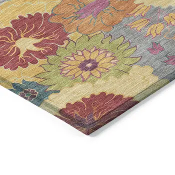 8' X 10' Gray Gold And Pink Floral Washable Indoor Outdoor Area Rug