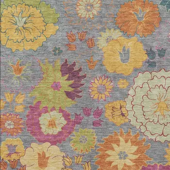 8' X 10' Gray Gold And Pink Floral Washable Indoor Outdoor Area Rug
