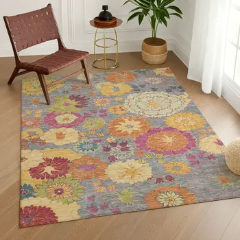 8' X 10' Gray Gold And Pink Floral Washable Indoor Outdoor Area Rug