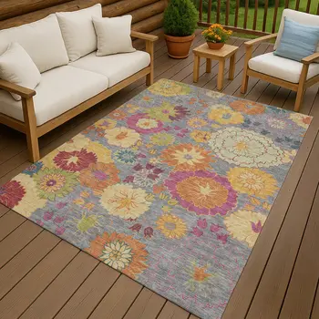 10' X 14' Gray Gold And Pink Floral Washable Indoor Outdoor Area Rug
