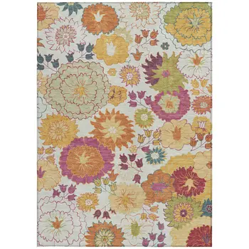 3' X 5' Ivory Gold And Pink Floral Washable Indoor Outdoor Area Rug
