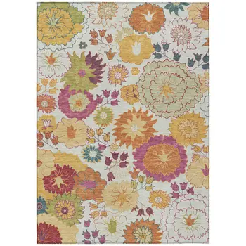 5' X 8' Ivory Gold And Pink Floral Washable Indoor Outdoor Area Rug