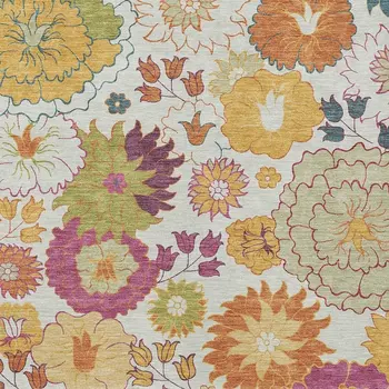 5' X 8' Ivory Gold And Pink Floral Washable Indoor Outdoor Area Rug