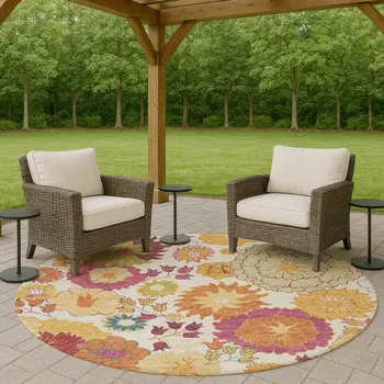 8' Ivory Gold And Pink Round Floral Washable Indoor Outdoor Area Rug