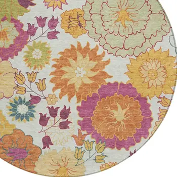 8' Ivory Gold And Pink Round Floral Washable Indoor Outdoor Area Rug