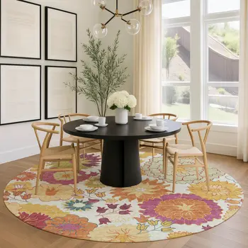 8' Ivory Gold And Pink Round Floral Washable Indoor Outdoor Area Rug