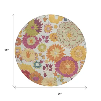 8' Ivory Gold And Pink Round Floral Washable Indoor Outdoor Area Rug