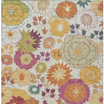 9' X 12' Ivory Gold And Pink Floral Washable Indoor Outdoor Area Rug