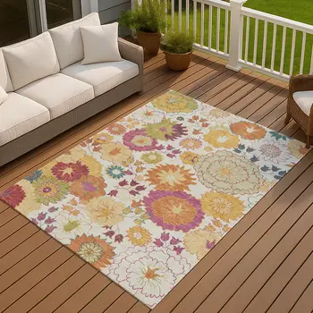 9' X 12' Ivory Gold And Pink Floral Washable Indoor Outdoor Area Rug