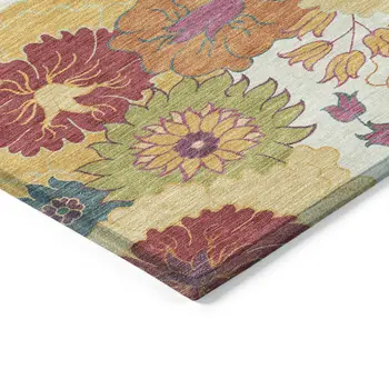 9' X 12' Ivory Gold And Pink Floral Washable Indoor Outdoor Area Rug