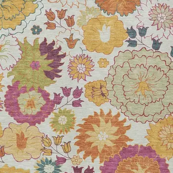 9' X 12' Ivory Gold And Pink Floral Washable Indoor Outdoor Area Rug
