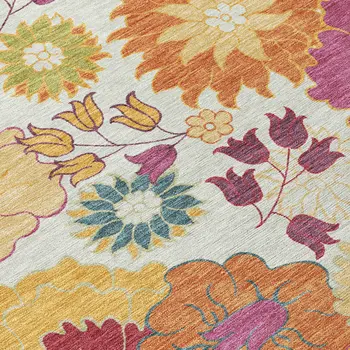9' X 12' Ivory Gold And Pink Floral Washable Indoor Outdoor Area Rug