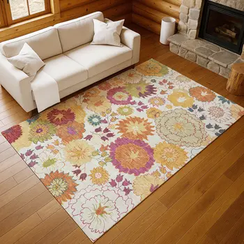 9' X 12' Ivory Gold And Pink Floral Washable Indoor Outdoor Area Rug