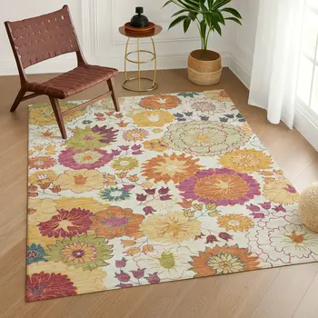 9' X 12' Ivory Gold And Pink Floral Washable Indoor Outdoor Area Rug