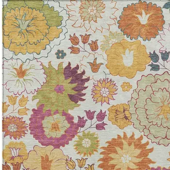 10' X 14' Ivory Gold And Pink Floral Washable Indoor Outdoor Area Rug
