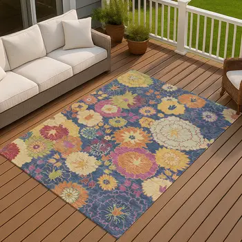 3' X 5' Navy Blue Gold And Pink Floral Washable Indoor Outdoor Area Rug