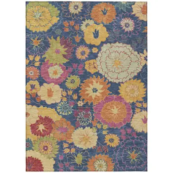 3' X 5' Navy Blue Gold And Pink Floral Washable Indoor Outdoor Area Rug