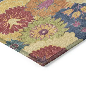 3' X 5' Navy Blue Gold And Pink Floral Washable Indoor Outdoor Area Rug