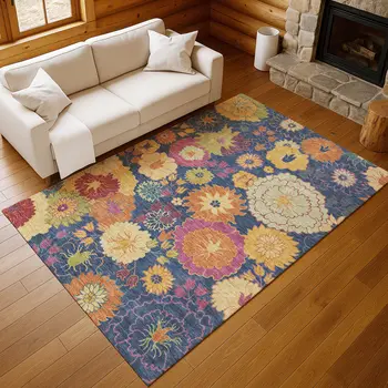 3' X 5' Navy Blue Gold And Pink Floral Washable Indoor Outdoor Area Rug