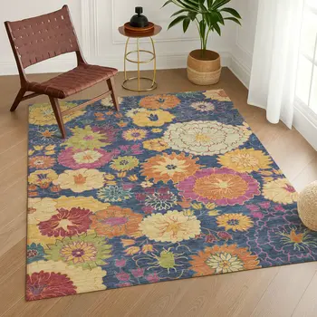 3' X 5' Navy Blue Gold And Pink Floral Washable Indoor Outdoor Area Rug