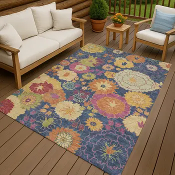 3' X 5' Navy Blue Gold And Pink Floral Washable Indoor Outdoor Area Rug