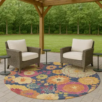 8' Navy Blue Gold And Pink Round Floral Washable Indoor Outdoor Area Rug