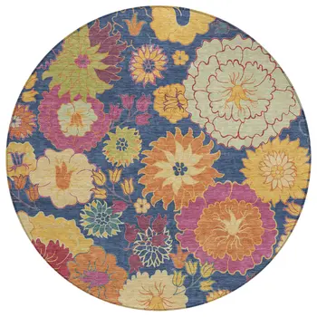 8' Navy Blue Gold And Pink Round Floral Washable Indoor Outdoor Area Rug