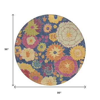8' Navy Blue Gold And Pink Round Floral Washable Indoor Outdoor Area Rug