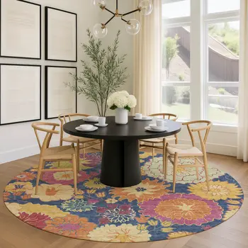 8' Navy Blue Gold And Pink Round Floral Washable Indoor Outdoor Area Rug