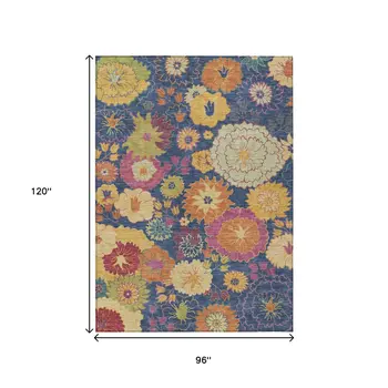 8' X 10' Navy Blue Gold And Pink Floral Washable Indoor Outdoor Area Rug