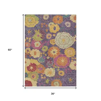 3' X 5' Purple Gold And Pink Floral Washable Indoor Outdoor Area Rug