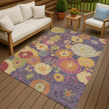3' X 5' Purple Gold And Pink Floral Washable Indoor Outdoor Area Rug